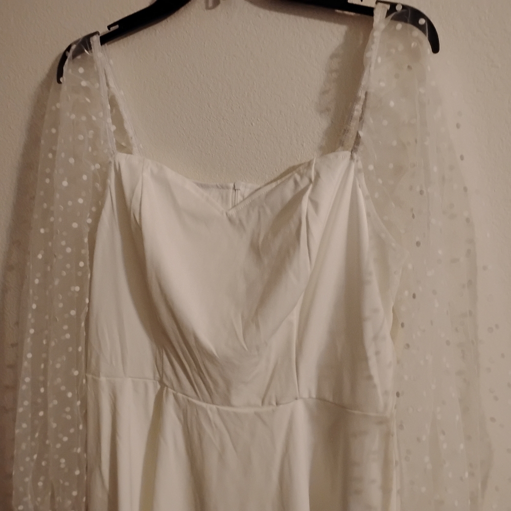 SHEIN White Dress with Sheer Polka Dot Sleeves